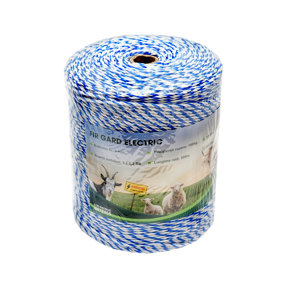 White-blue wire roll 3mm with metal insert 3x0.2mm SS, resistance 7.8 Ohm/m, 500m electric fence Mezofarm