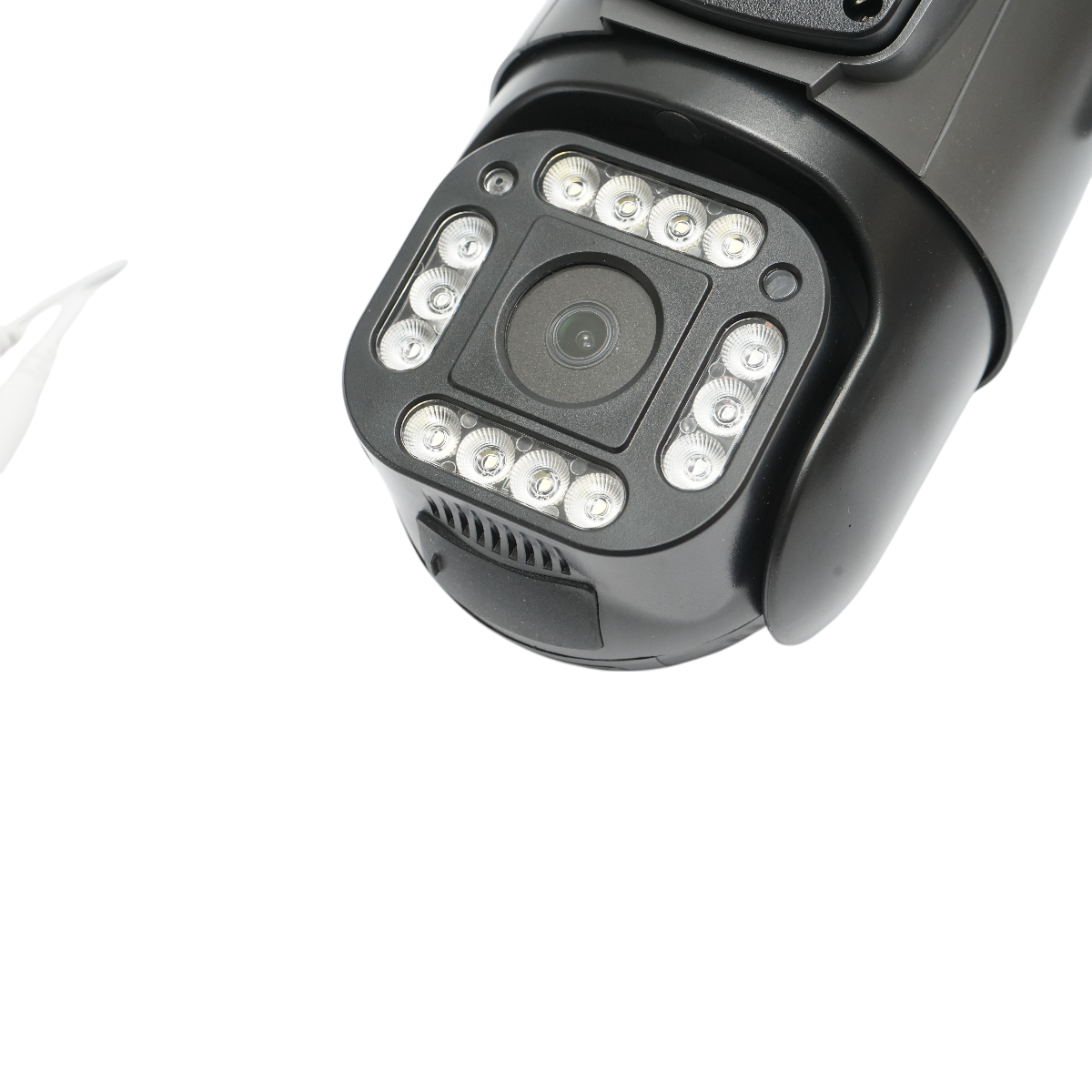 Dual lens surveillance camera 4MP 1080P, P2P WIFI 2.4GHz, PTZ with motion sensor, human detection, and V380 Pro application.