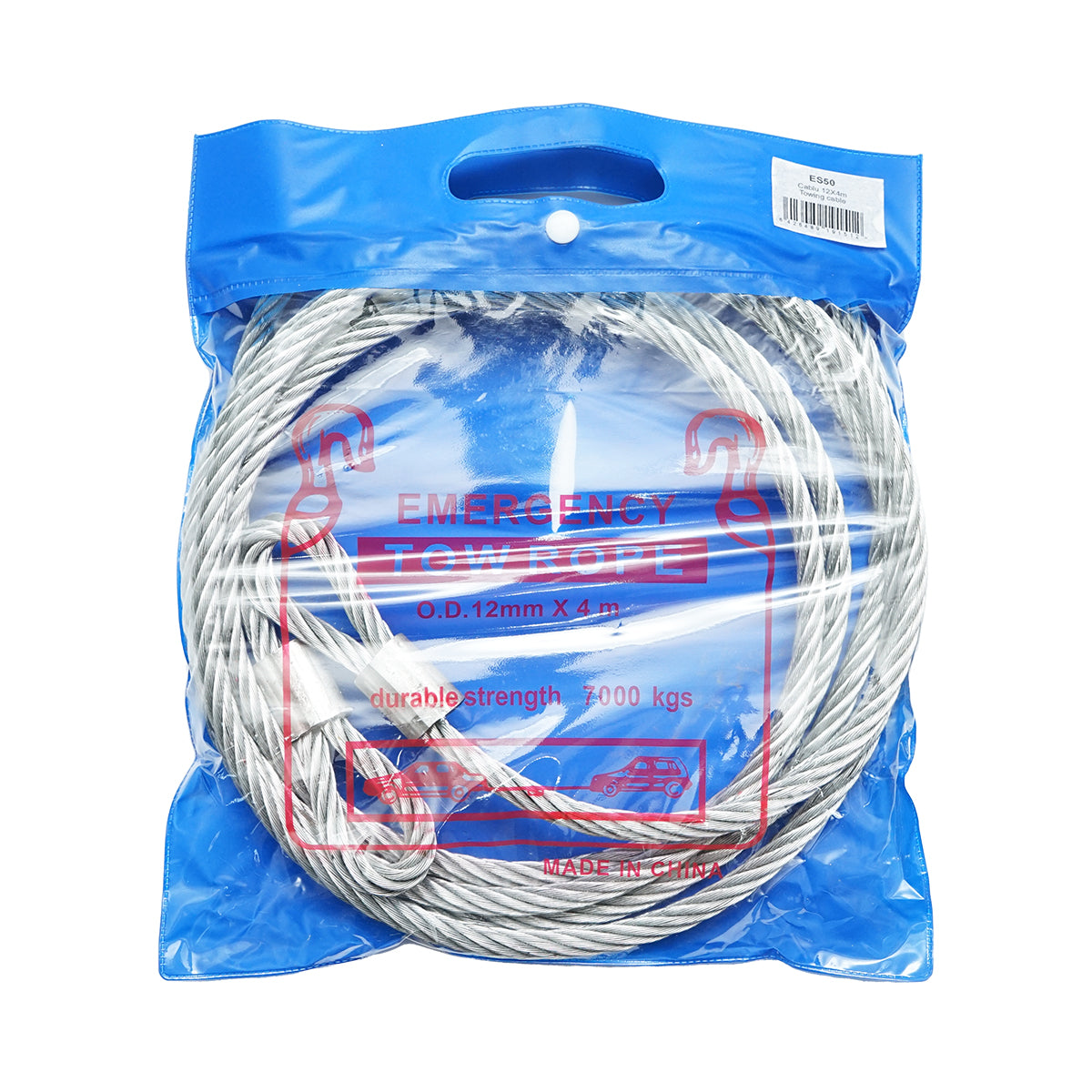 Steel winch cable/string with a thickness of 12mm and a length of 4m with rings for towing or lifting