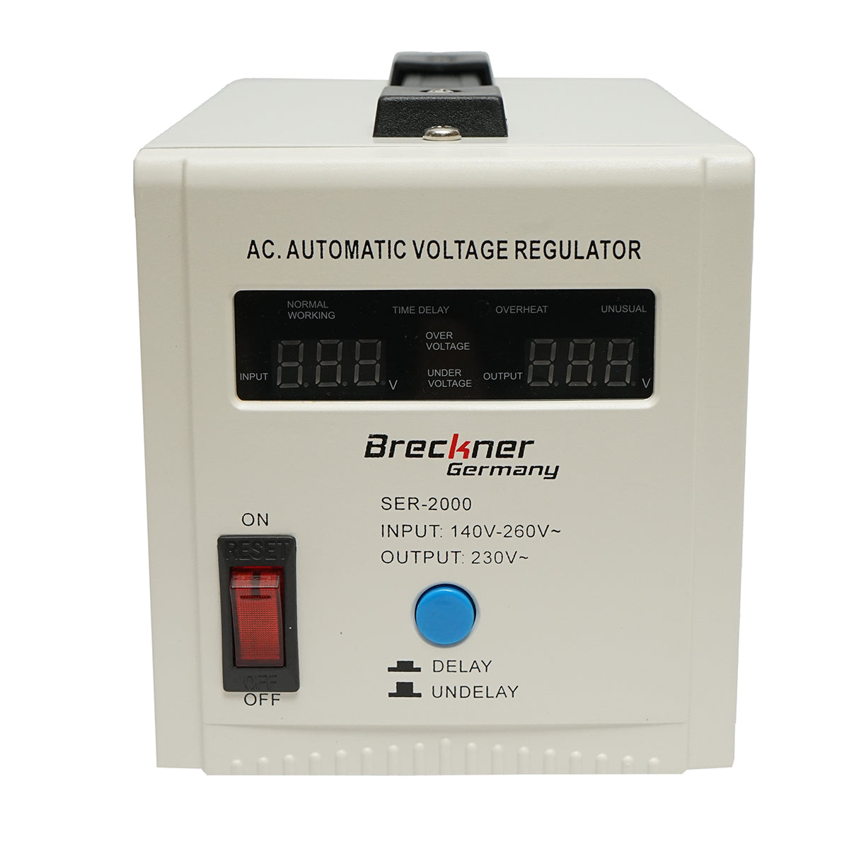 Automatic single-phase voltage stabilizer with relay 2000VA/140-260V, 2 Schuko sockets 230V, LCD display Breckner Germany
