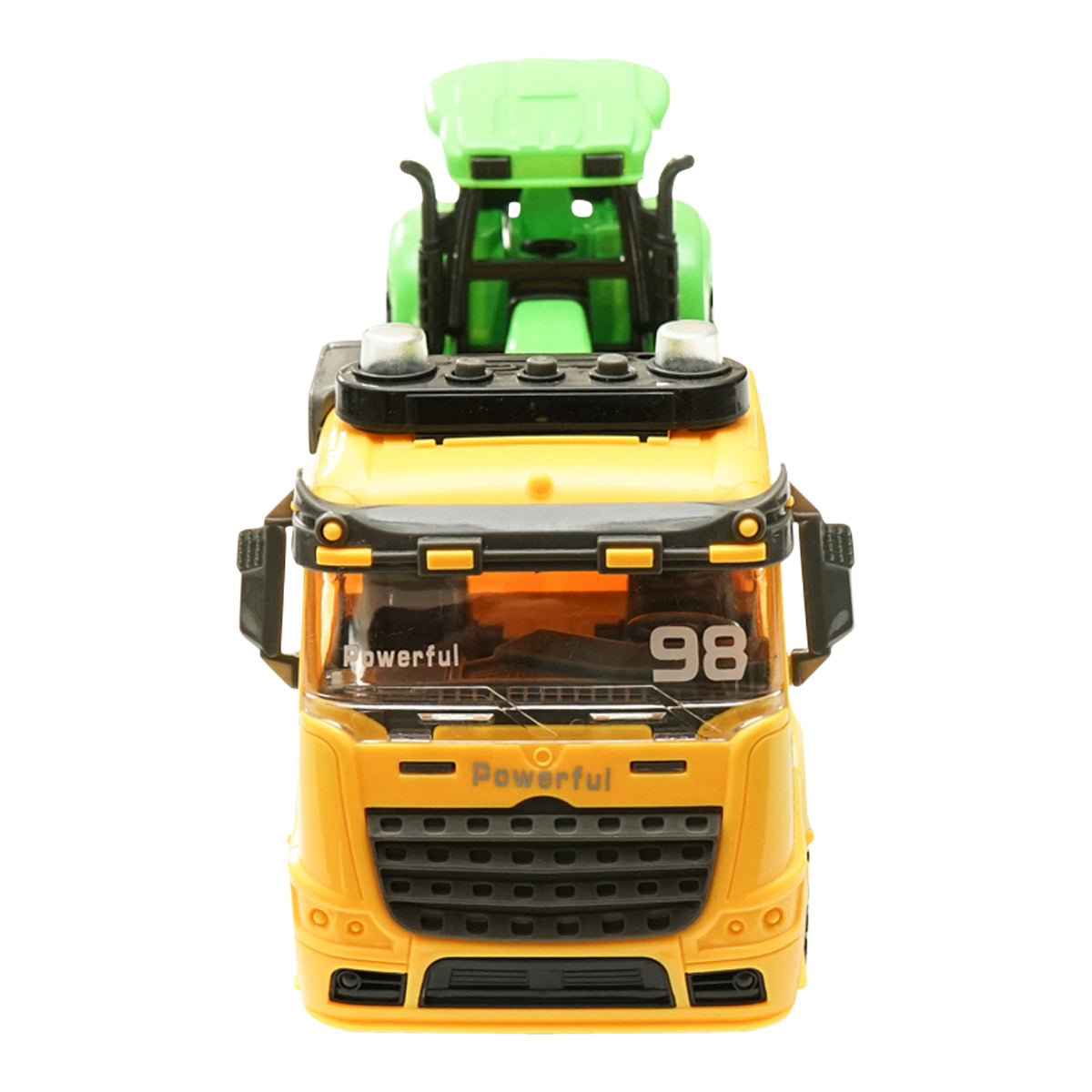 Yellow truck with authentic battery-powered trailer details together with a green toy tractor
