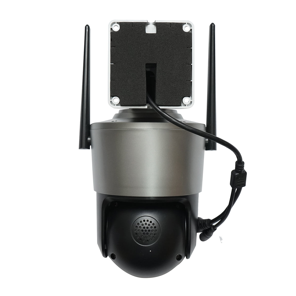 Surveillance camera with 4 lenses, 3 objectives 12 MP, 2 dual control CPUs, P2P WIFI 2.4G, PTZ with motion sensor, alarm, night vision, AI human detection, and iCSee application.