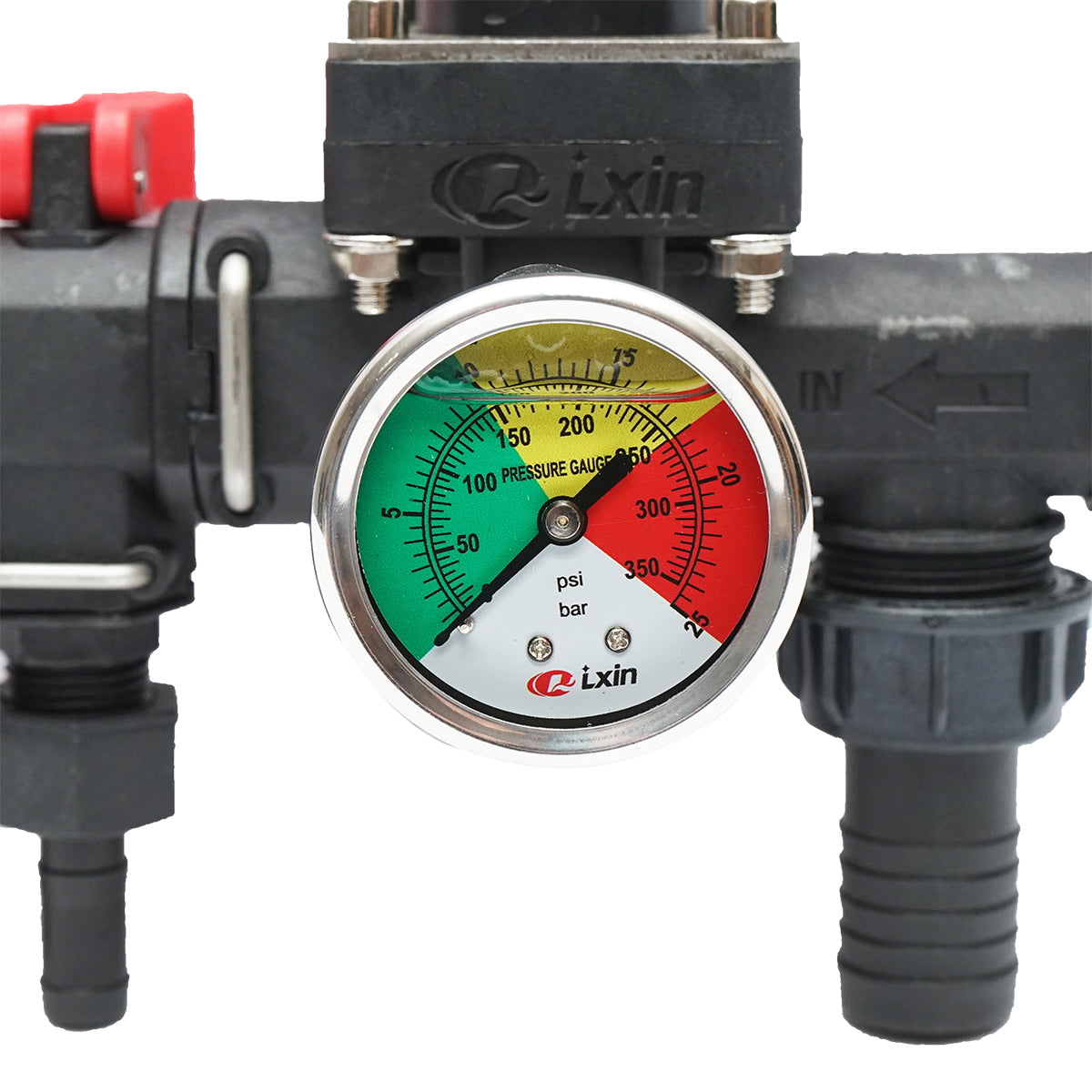 Distributor with 4 outlets and glycerin manometer for herbicide sprayer.