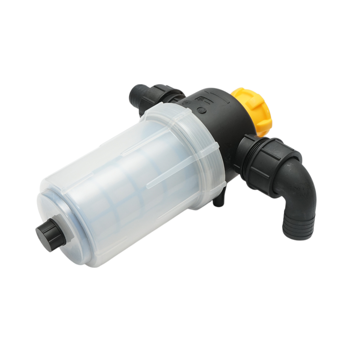 Transparent herbicide filter with mesh and self-cleaning valve, 38mm connection