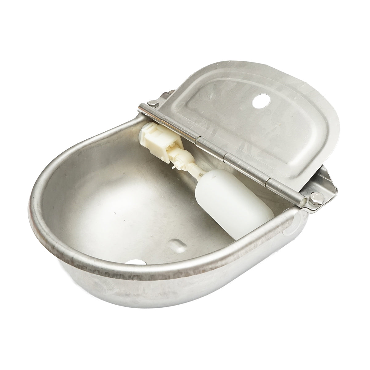 Stainless steel water trough for sheep with a constant level float, 2.5L 250x240x100mm and a 750mm hose with 1/2" thread, Breckner Germany.