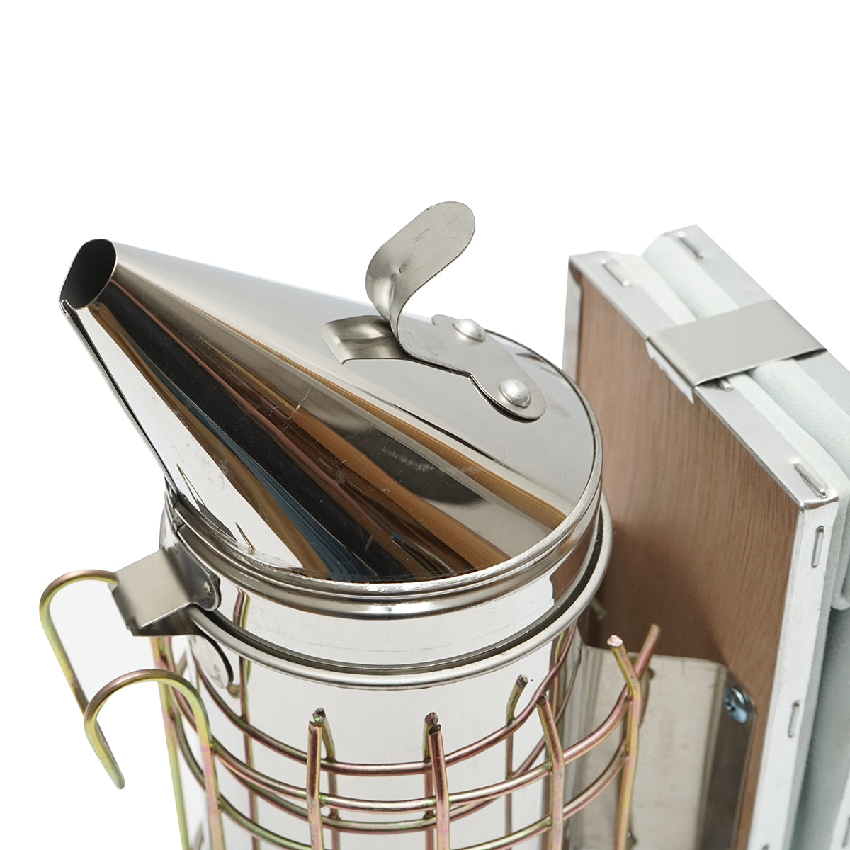 Stainless steel bee smoker with thermal shield cylinder and leather bellows 160mm