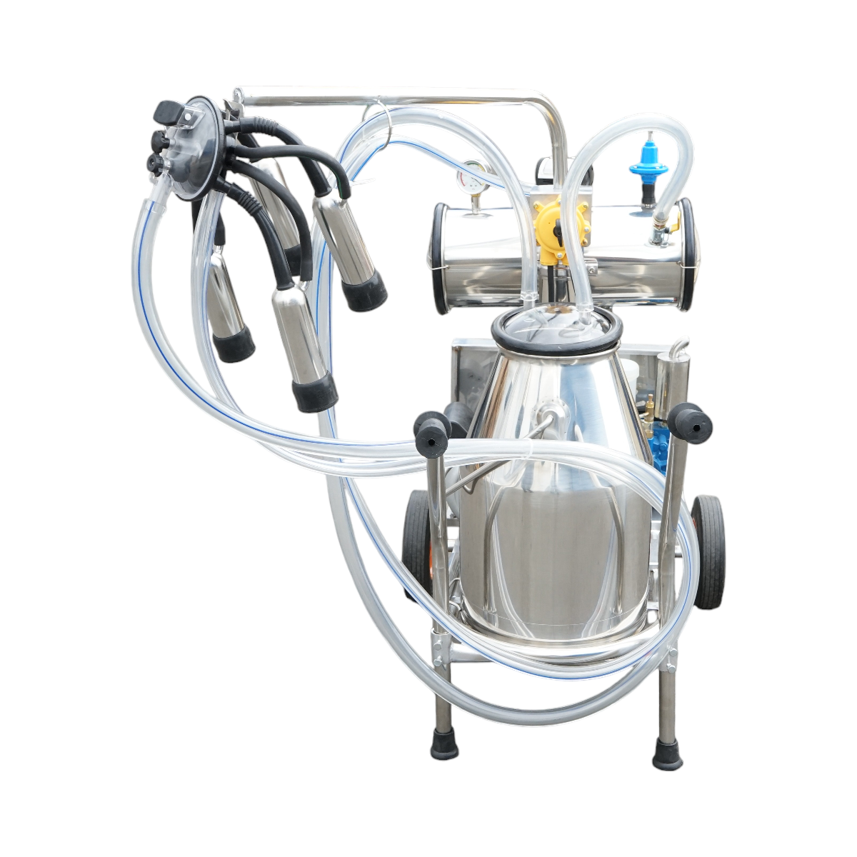 Single post milking machine 750W, 220V stainless steel 25L tank, milking group with 4 teats, vacuum pressure 40-50 kPa, pulsations 60-80 cpm