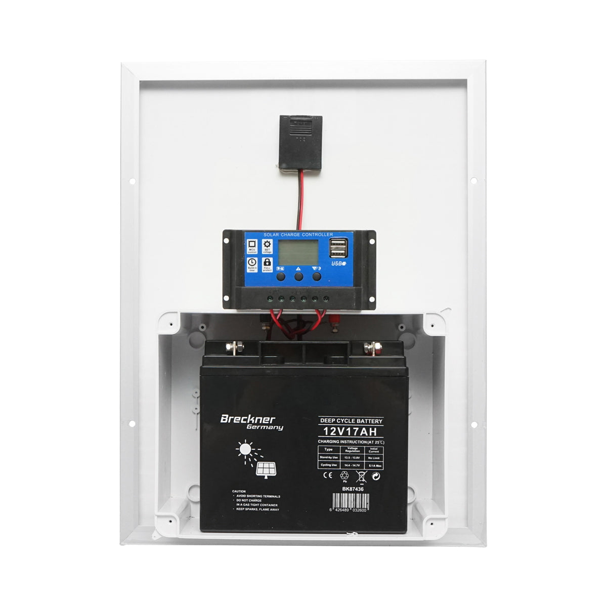 20W monocrystalline photovoltaic solar panel 460x350x135mm with 12V/17Ah battery, 12/24V 10Ah regulator and 2x USB ports Breckner Germany