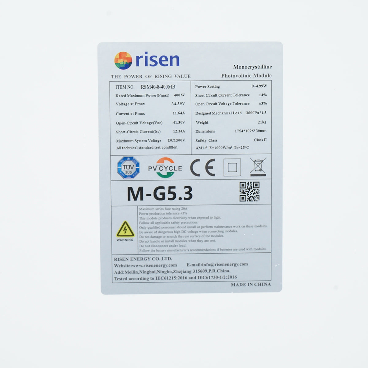 400W RISEN monocrystalline photovoltaic solar panel 1754x1096x30mm