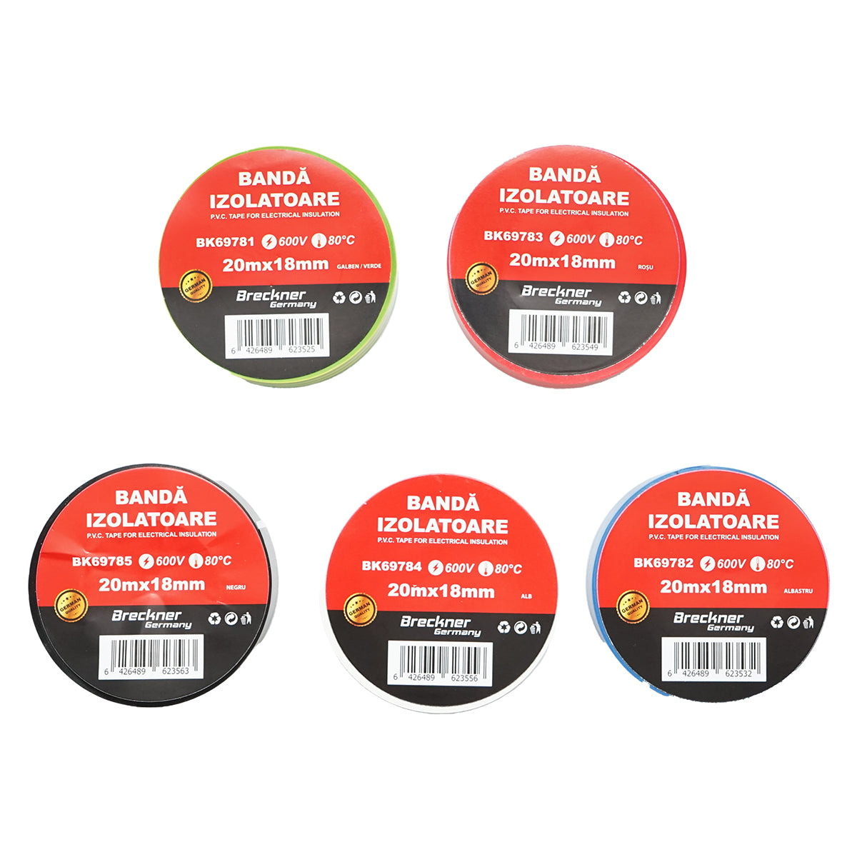 Set of 5 multicolored insulating tapes 18mmx20m PVC Breckner Germany