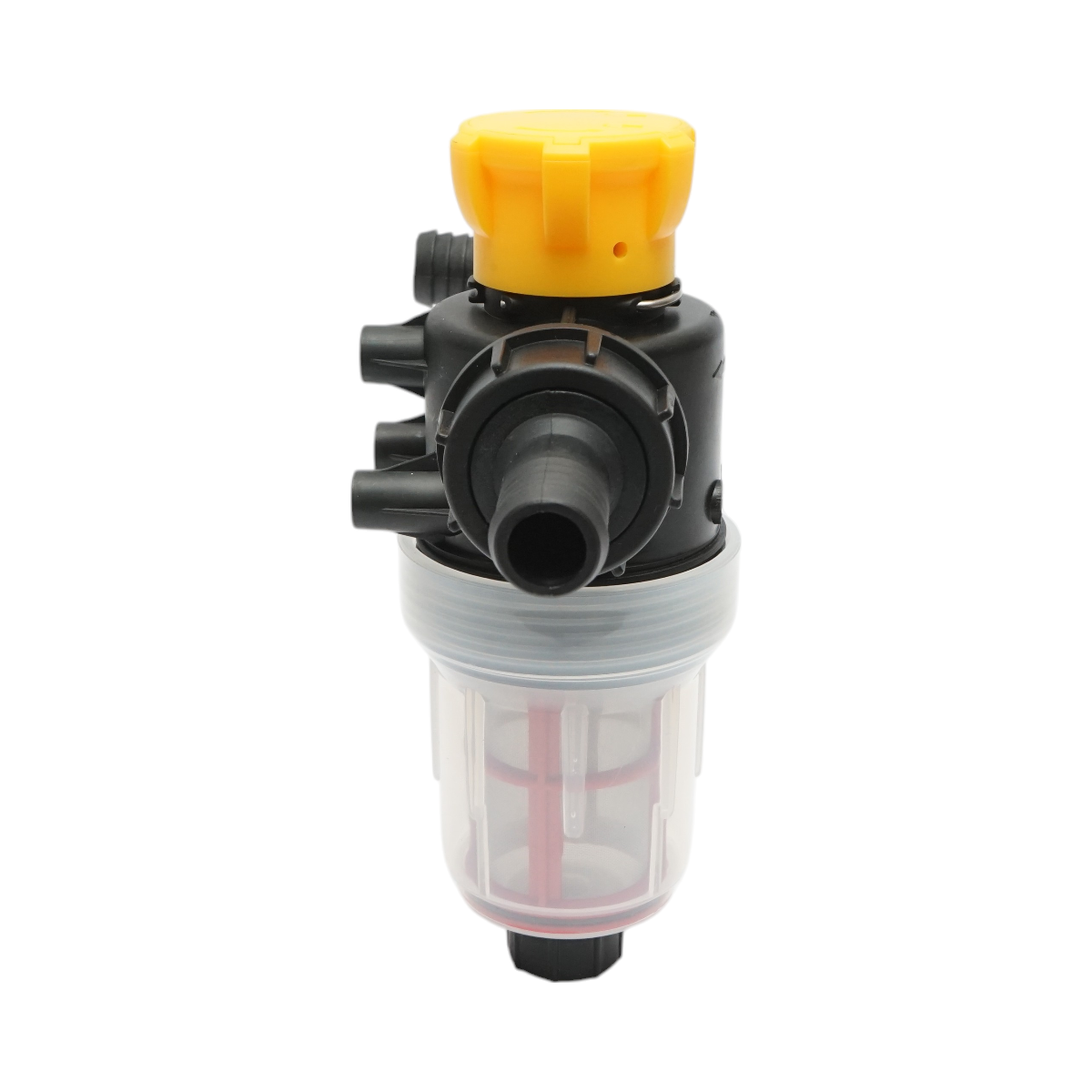 Transparent herbicide filter with mesh and self-cleaning valve, 25mm connection