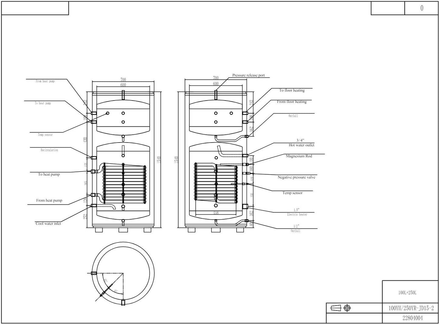 Puffer 100L, Boiler 250L hot water pressurized 3KW, 220V for SPRSUN heat pumps