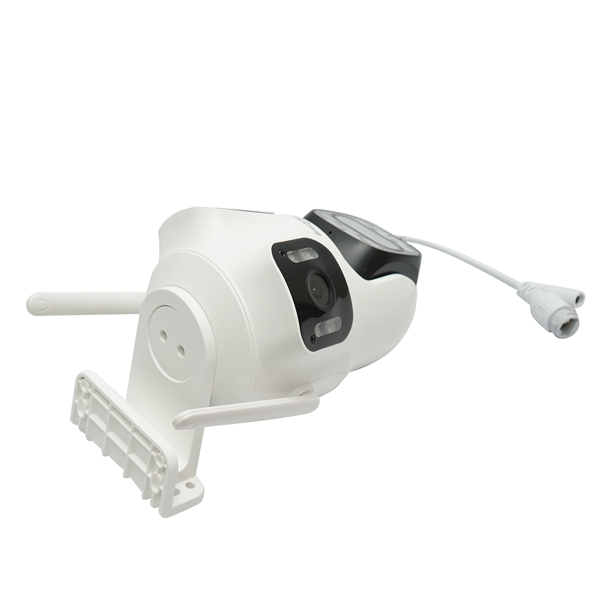 Surveillance camera with 3 lenses, 3 objectives 8 MP, 2 dual control CPUs, P2P WIFI 2.4G, PTZ with motion sensor, alarm, night vision, AI human detection, and iCSee application.