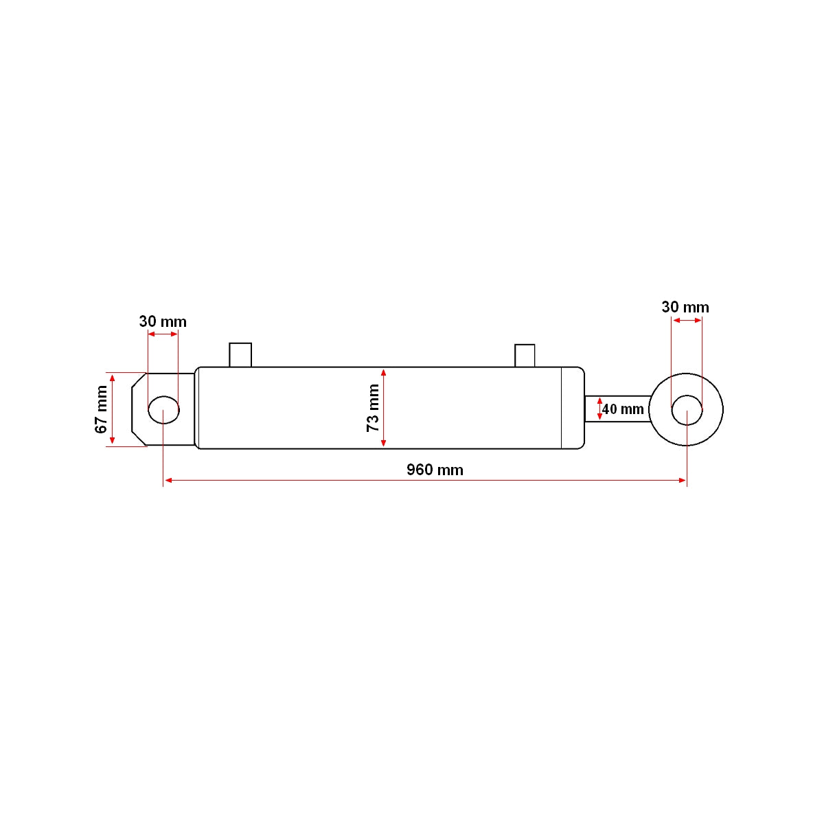 Reversible hydraulic cylinder plug 67x73x40x1000 opening stroke 700mm with hydraulic connection fi18