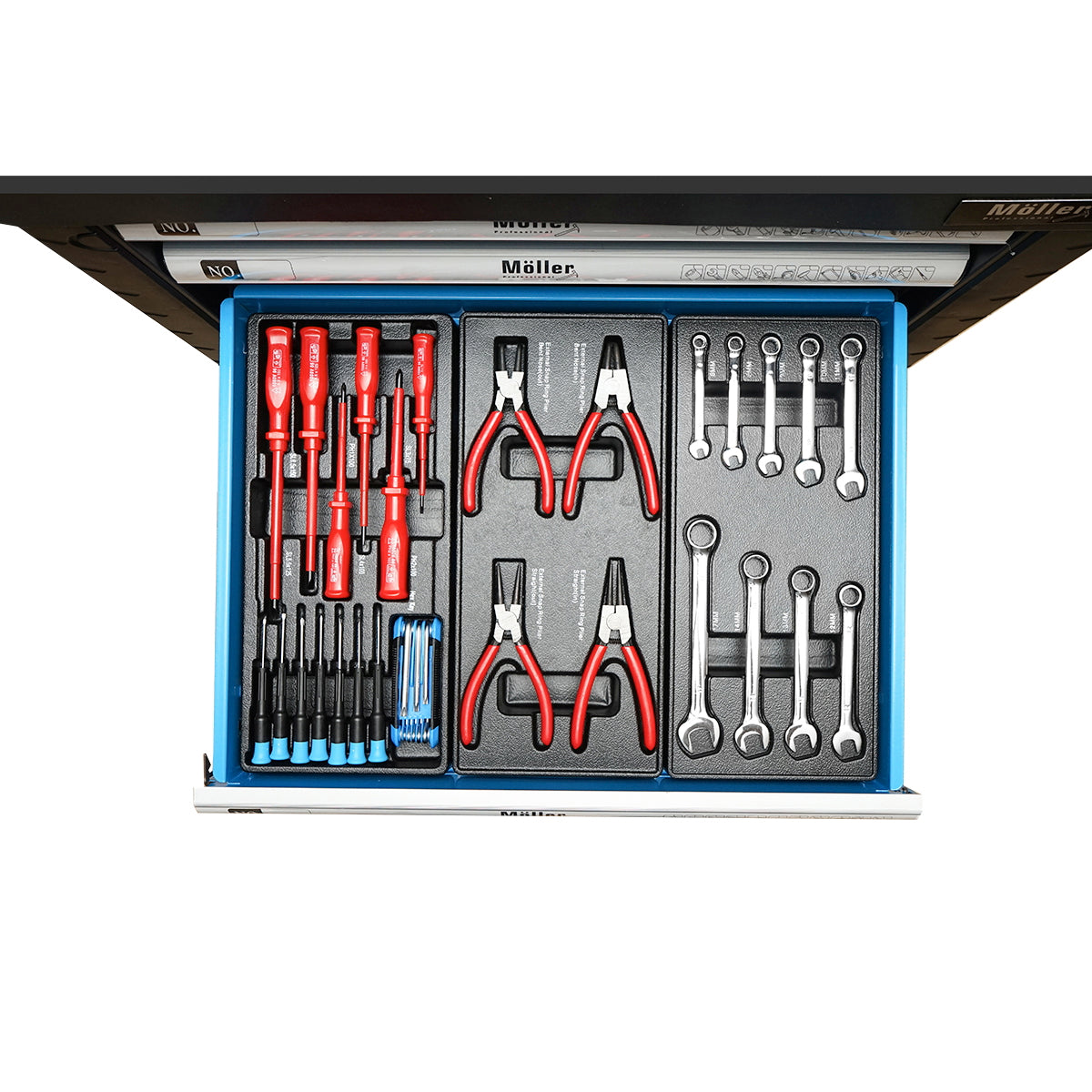 Metal tool cart cabinet with 7 drawers equipped with 496 pieces.