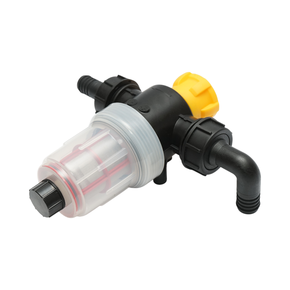 Transparent herbicide filter with mesh and self-cleaning valve, 25mm connection