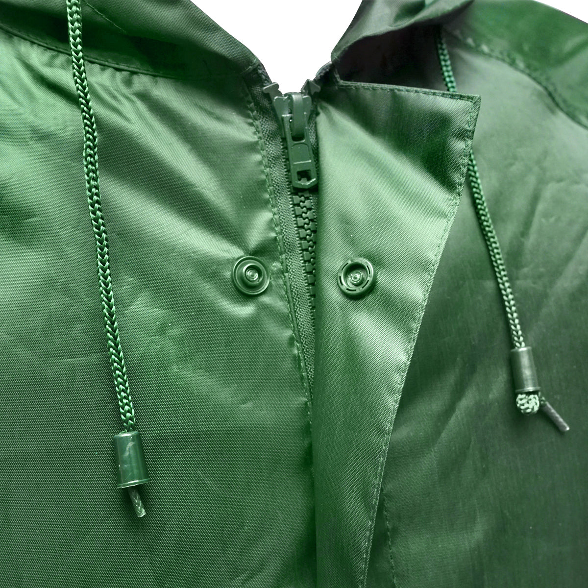 XXL waterproof hooded poncho made of polyester with PVC membrane, ventilation slits, 2 pockets, and green zipper from Breckner Germany.