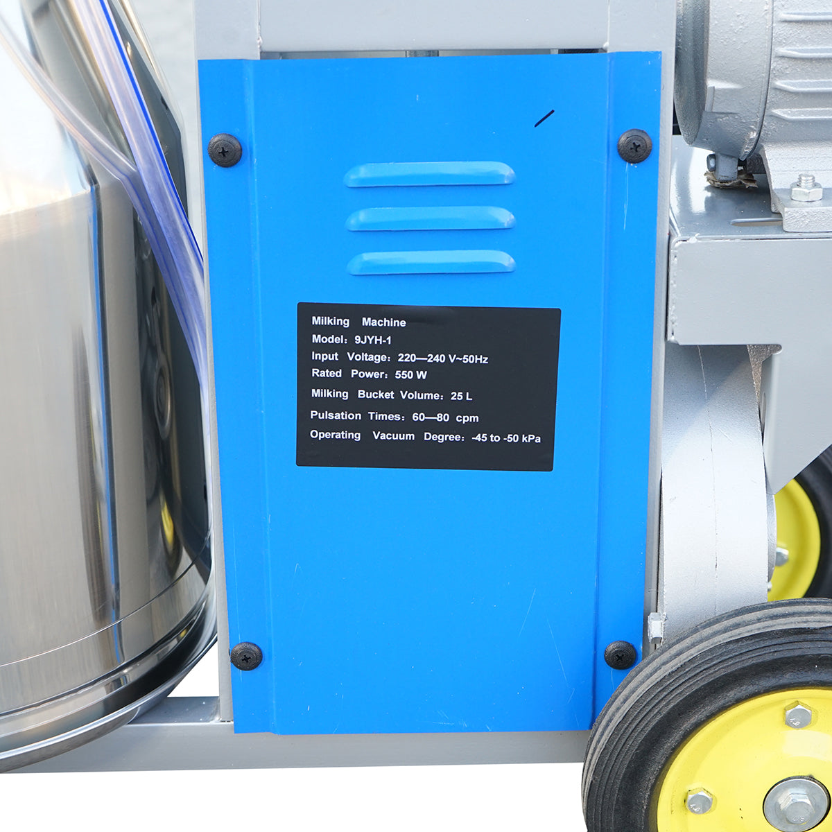 Single post milking machine 550W, 220V stainless steel 25L tank, milking group with 4 teats, vacuum pressure 45-50 kPa, pulsations 60-80 cpm