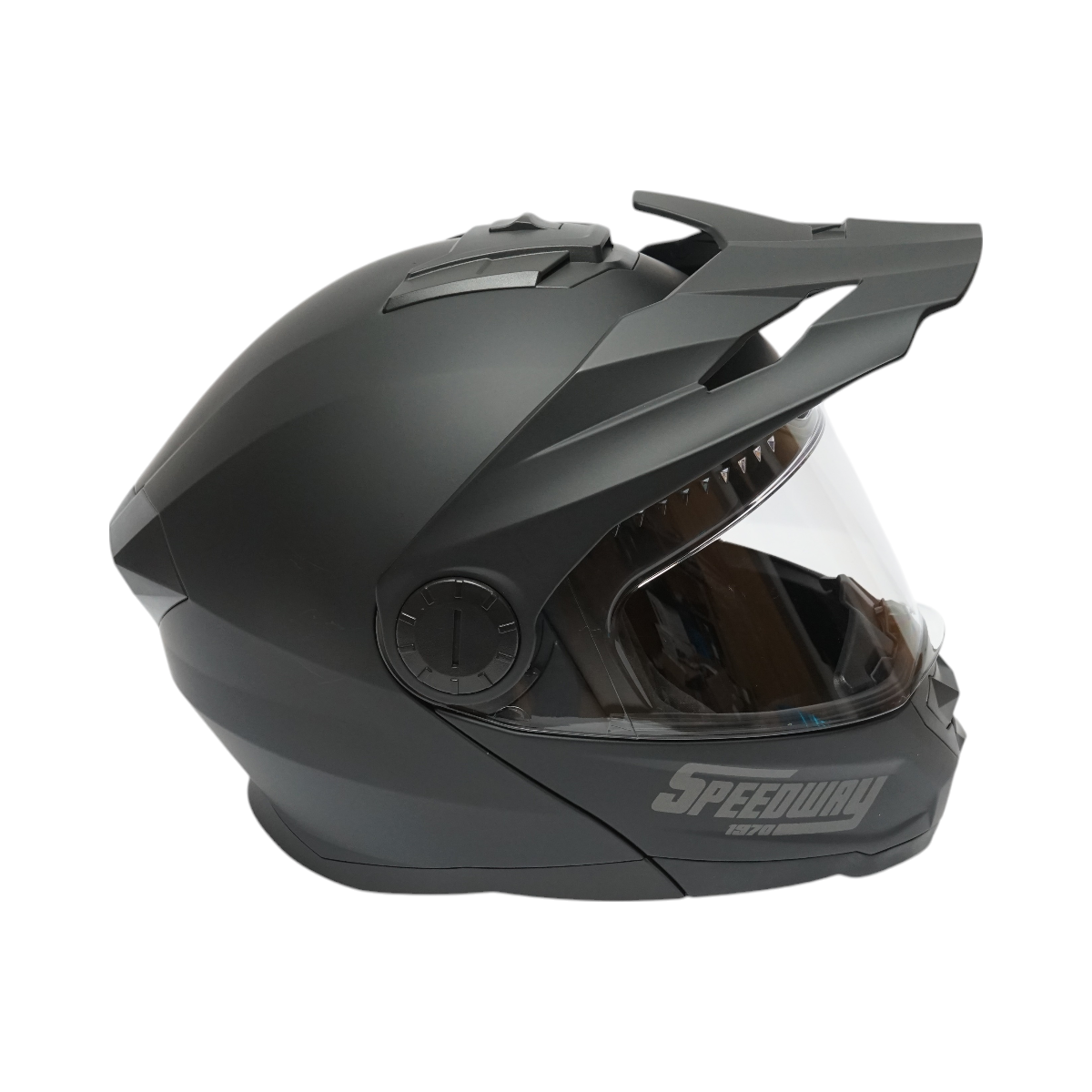 Matte black full-face motocross helmet with a clear visor and sunglasses, size L Lion