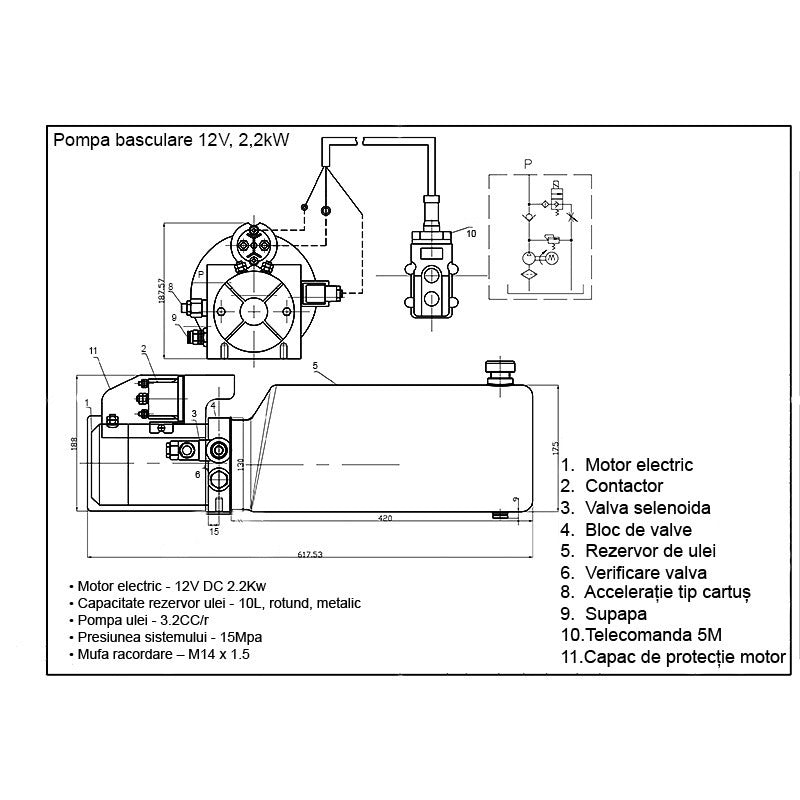 12V hydraulic pump, 2.2kW 150 bar, with 10L metal reservoir and remote control