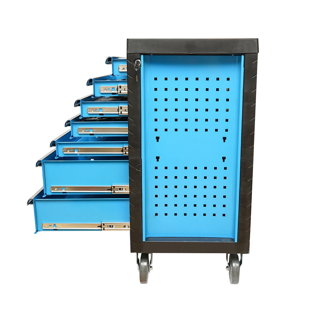 Metal tool cart cabinet with 7 drawers equipped with 496 pieces.