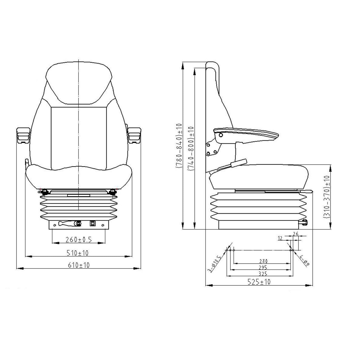Universal adjustable seat for tractor with seat belt, armrests, and mechanical suspension 840x600mm