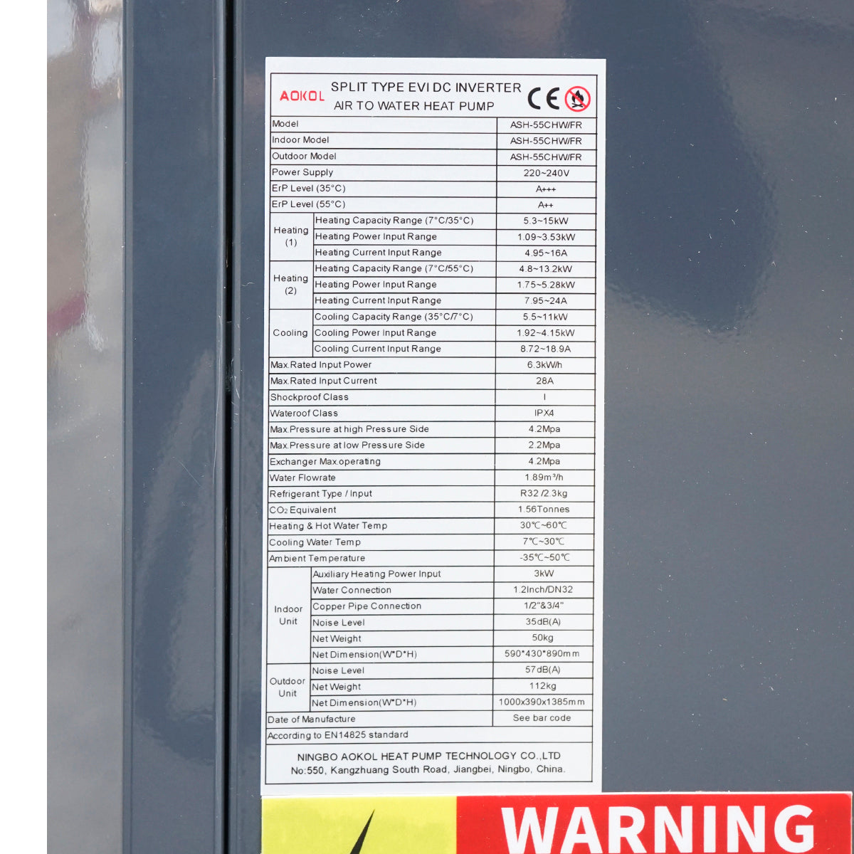 15 KW heat pump, 230V, ASH-55CHW/FR air-water Aokol