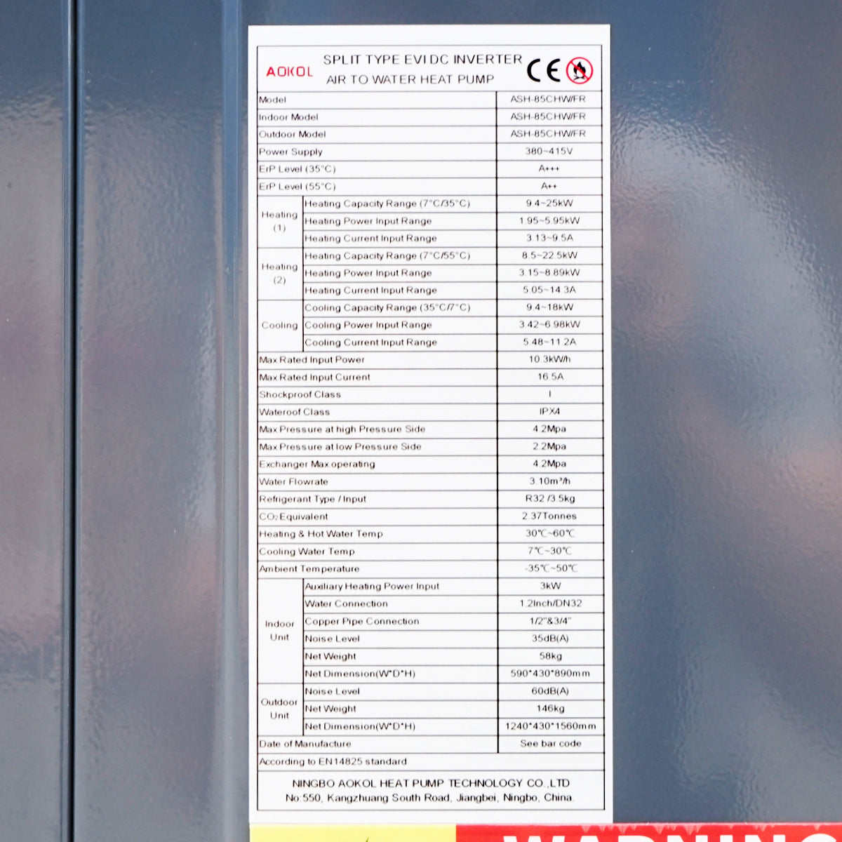 25 KW heat pump, 380V, ASH-85CHW/FR air-water Aokol