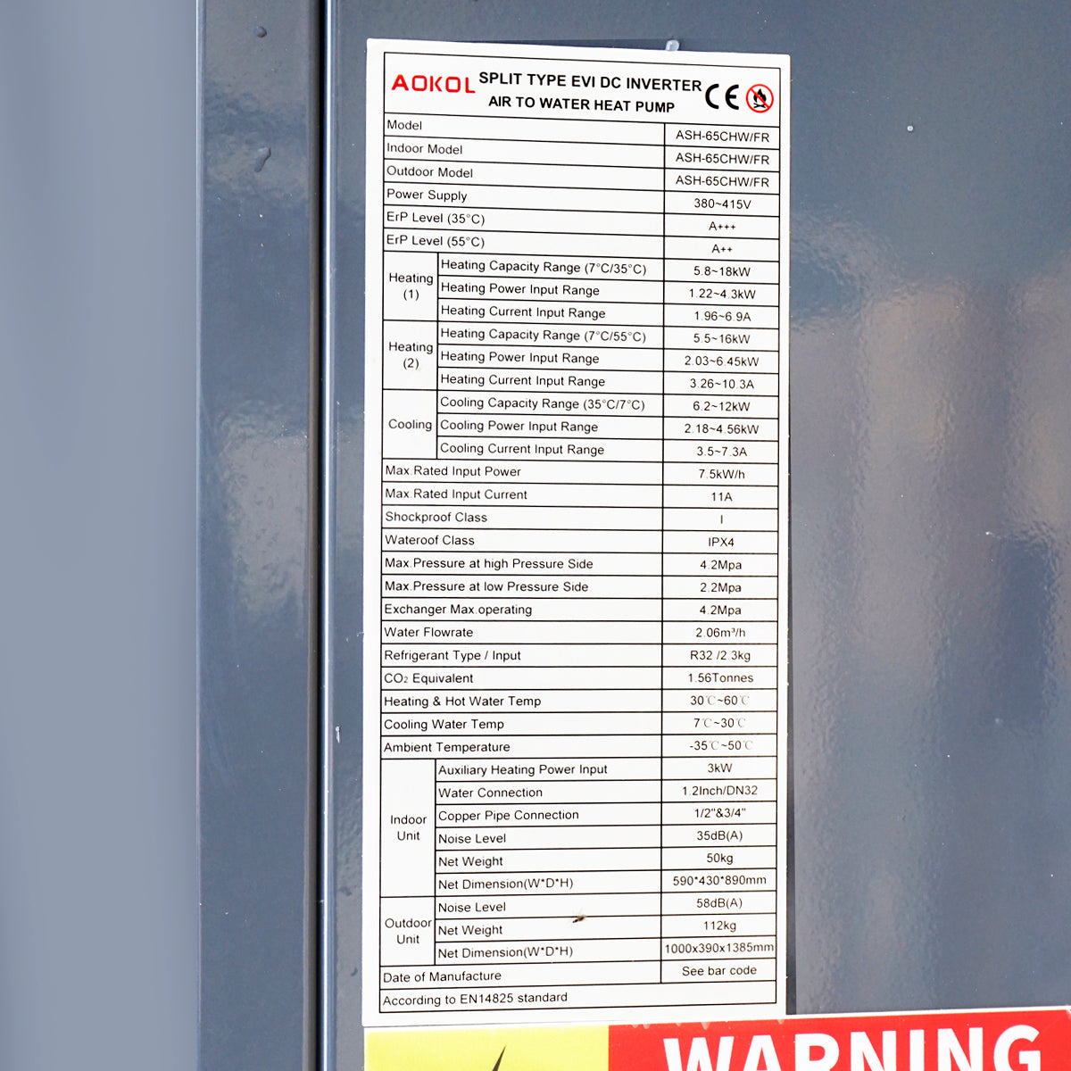 18 KW heat pump, 380V, ASH-65CHW/FR air-water Aokol