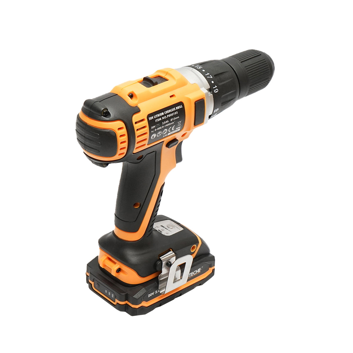 Cordless drill with 13mm chuck, 2x20V 2.0Ah battery, 1400rpm Hoteche