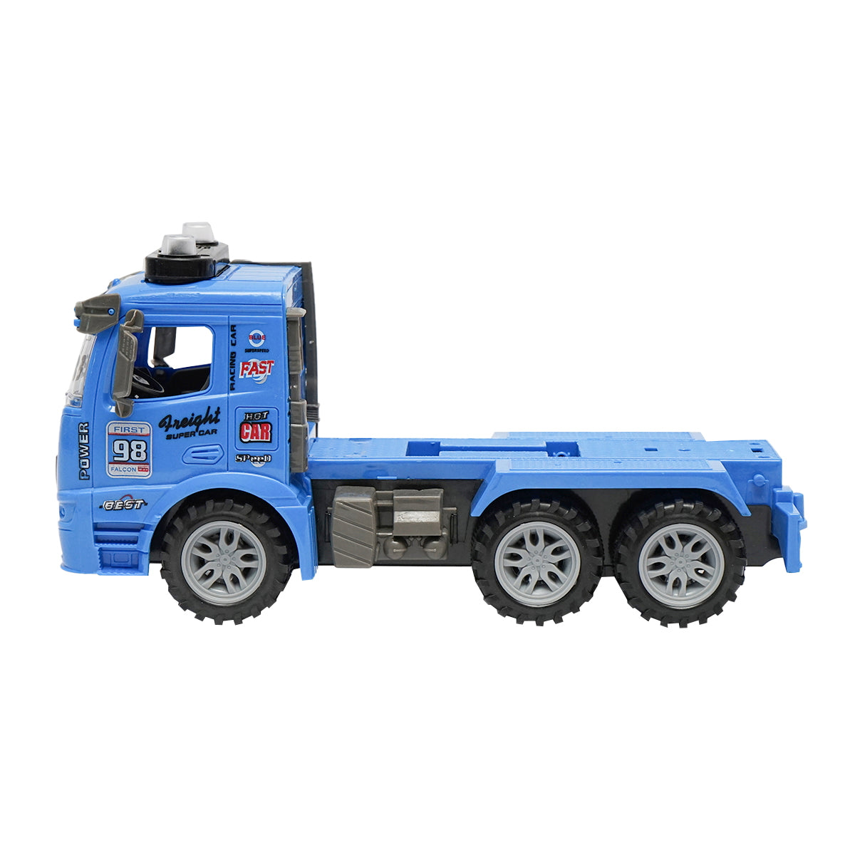 Blue trailer truck with authentic details on batteries together with a green toy tractor