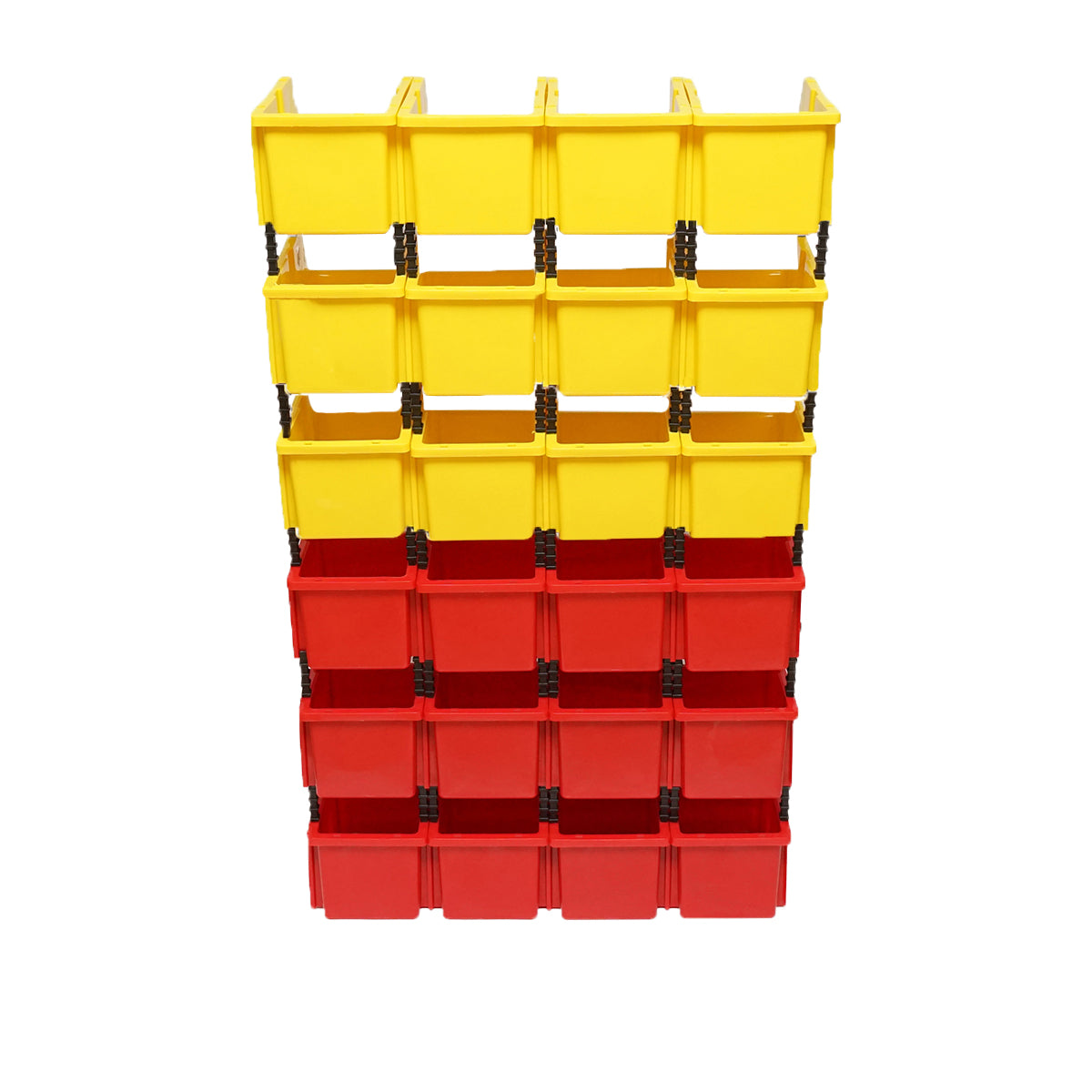 Stand with 24 boxes for storage/organization, red plastic box, yellow, 700x300x1150mm