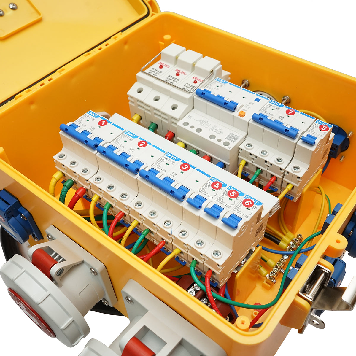 Group distribution board for portable site organization 2x415V/16A, 4x230V/16A, 1x415V/32A, 1x415V/63A, 370x340x330mm IP44/67 SUNTREE