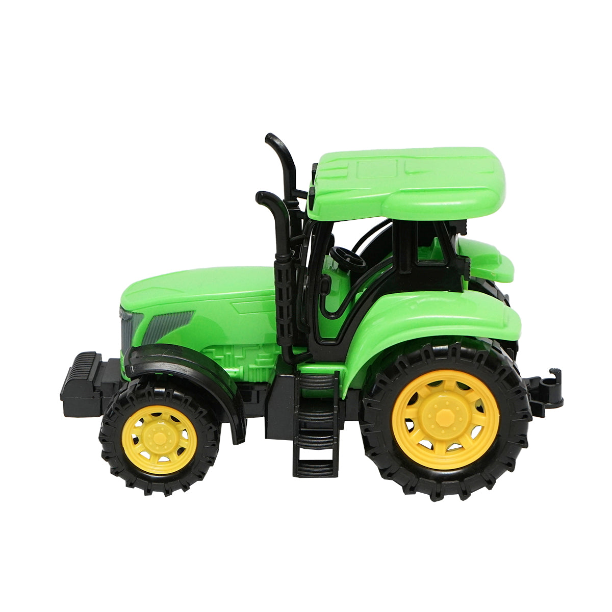 Blue trailer truck with authentic details on batteries together with a green toy tractor