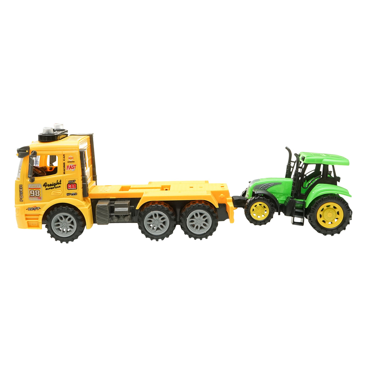 Yellow truck with authentic battery-powered trailer details together with a green toy tractor