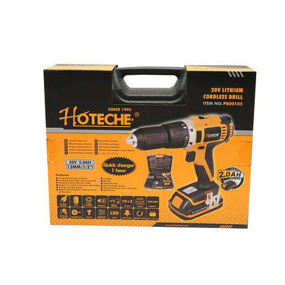 Cordless drill with 13mm chuck, 2x20V 2.0Ah battery, 1400rpm Hoteche