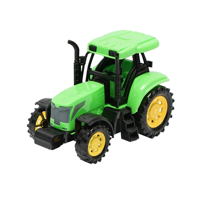 Blue trailer truck with authentic details on batteries together with a green toy tractor