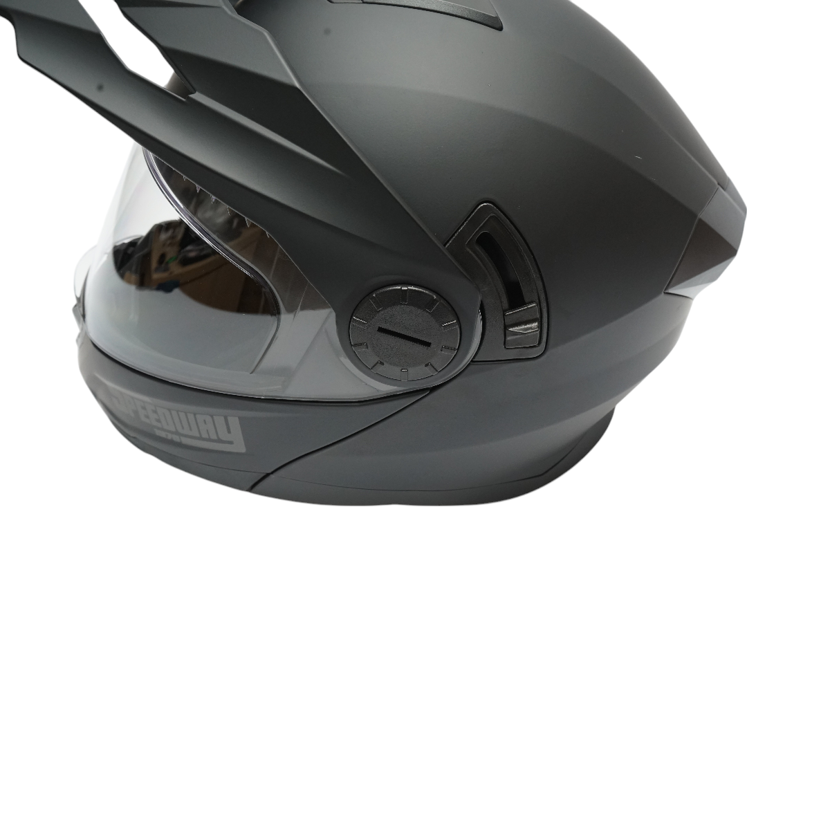 Matte black full-face motocross helmet with a clear visor and sunglasses, size XL Lion