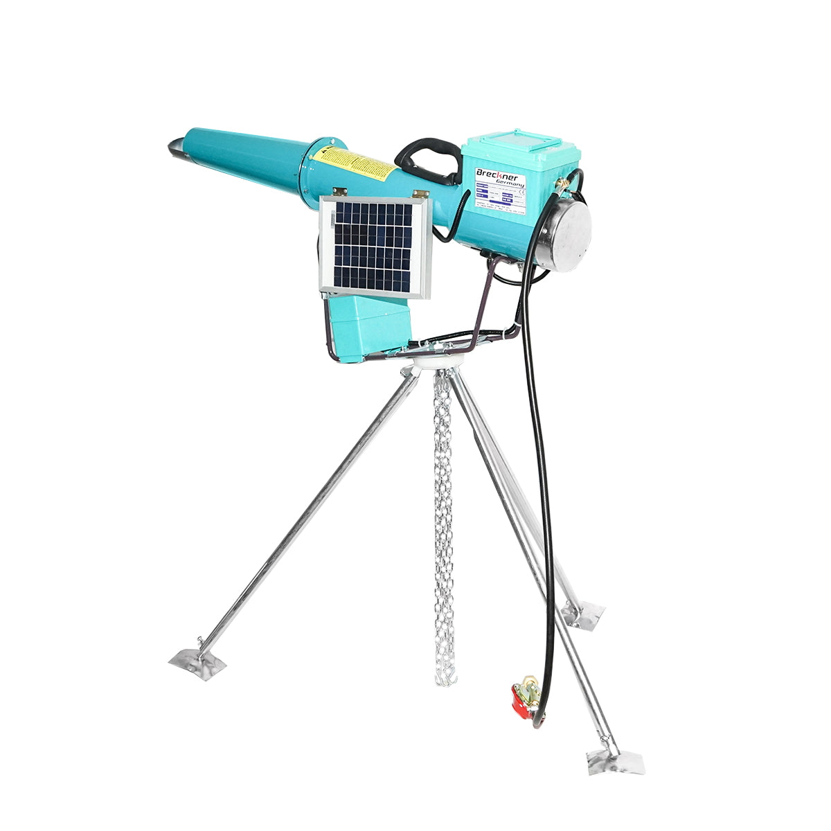 Electric bat on battery with solar panel charging, gas explosion to scare birds Breckner Germany