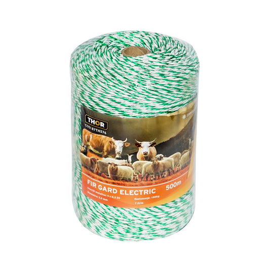 White-green wire roll 2.5mm with metal insert 4x0.2mm SS, resistance 7 Ohm/m, 500m electric fence Thor