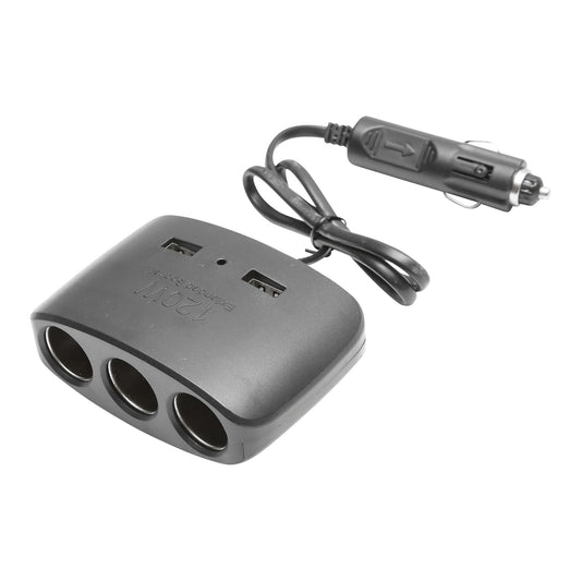 Triple car cigarette lighter adapter 12/24V black and 2x USB port 5V/1000mA