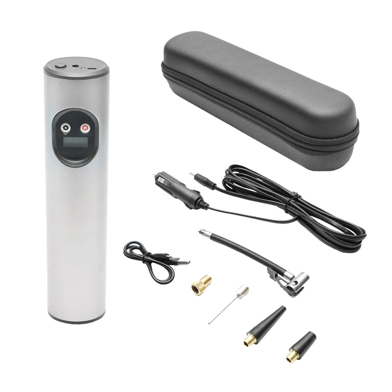 Dark gray portable air compressor 12.4V rechargeable battery 6000Am 250x56x47mm with accessories