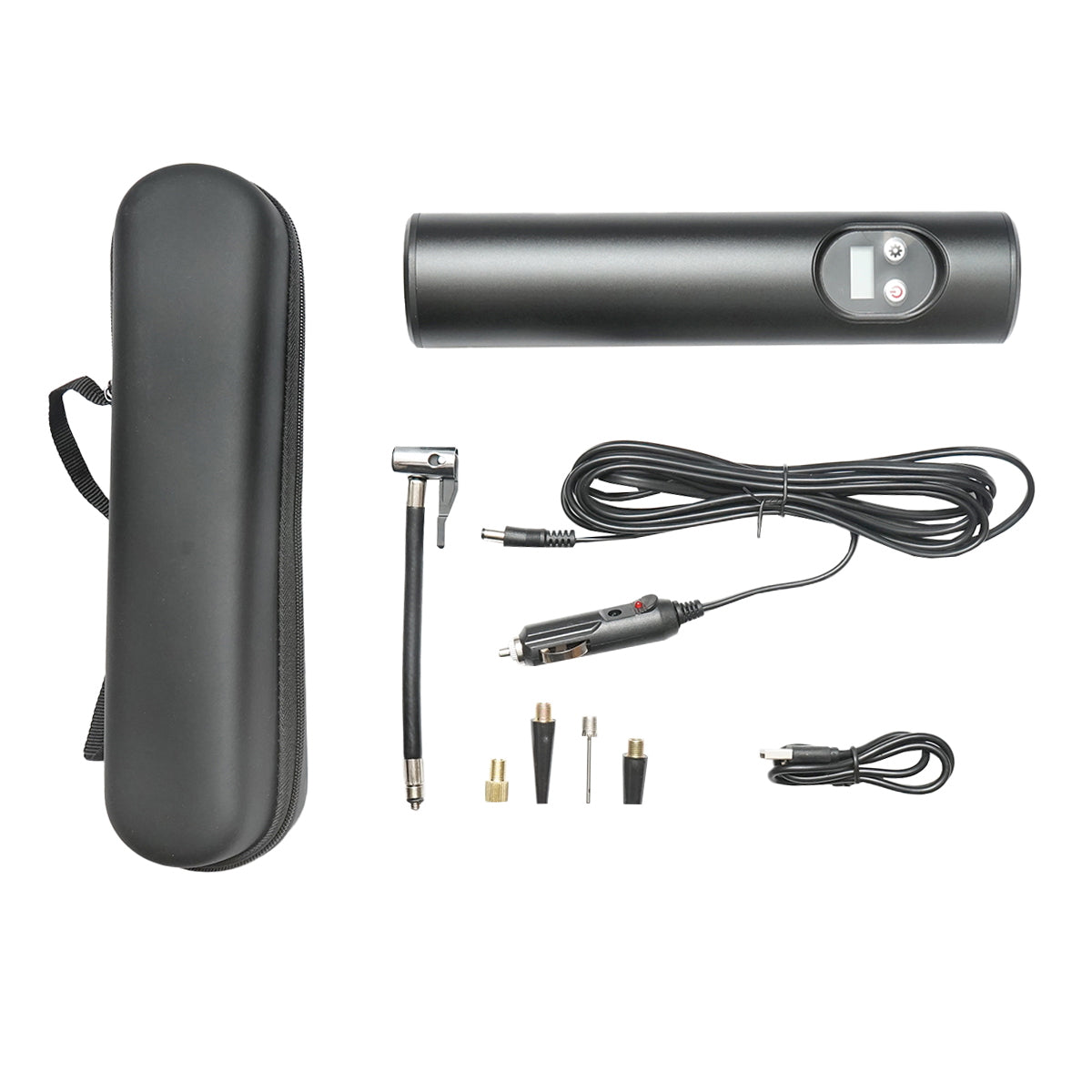 Black portable air compressor 12.4V 6000mAh rechargeable battery 250x56x47mm with accessories