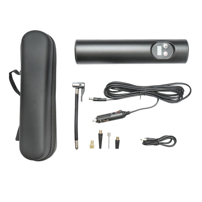 Black portable air compressor 12.4V 6000mAh rechargeable battery 250x56x47mm with accessories