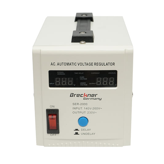 Automatic single-phase voltage stabilizer with relay 2000VA/140-260V, 2 Schuko sockets 230V, LCD display Breckner Germany