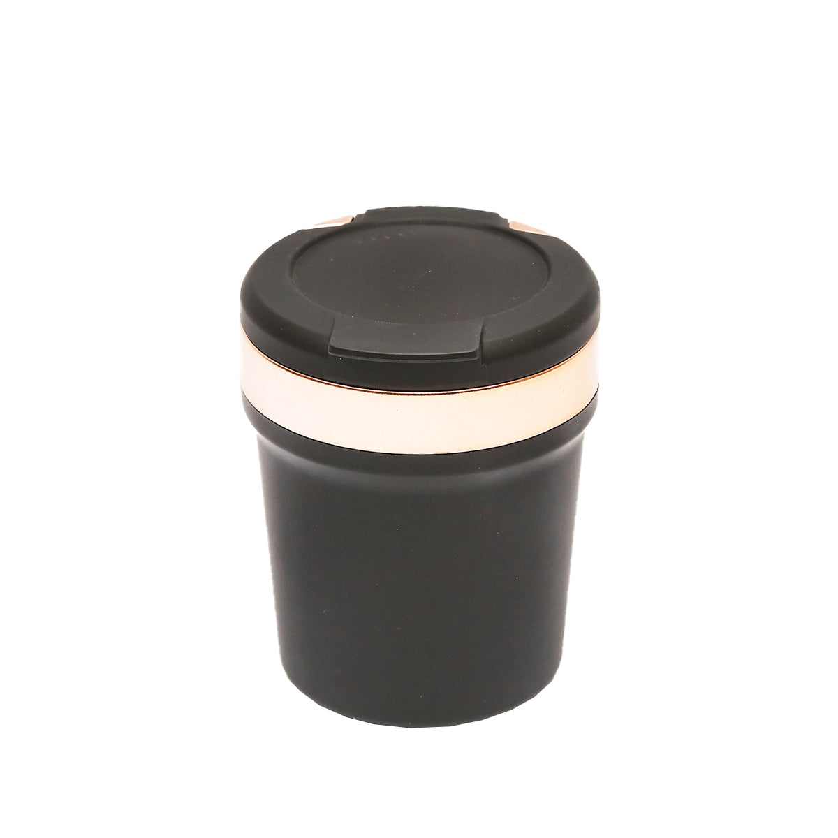 Universal car ashtray with black-gold ceramic bottom and blue LED light.