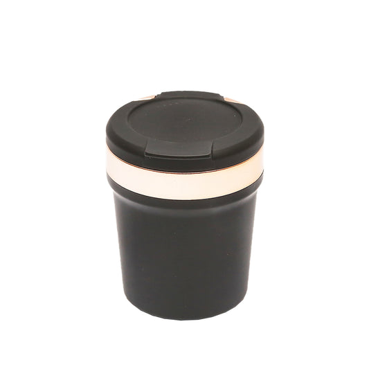 Universal car ashtray with black-gold ceramic bottom and blue LED light.