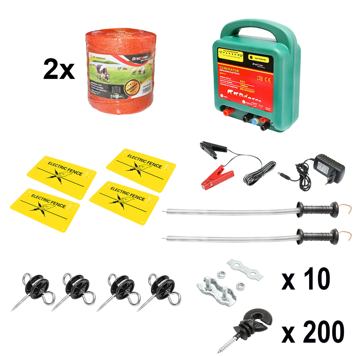 Complete electric fence kit 12/220V, 6.5 Joules, wire length 2000m, 200 insulators and warning signs Breckner Germany