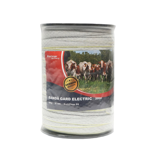 White-yellow-black band roll, width 20mm 5x0.3mm SS length 200m electric fence Breckner Germany