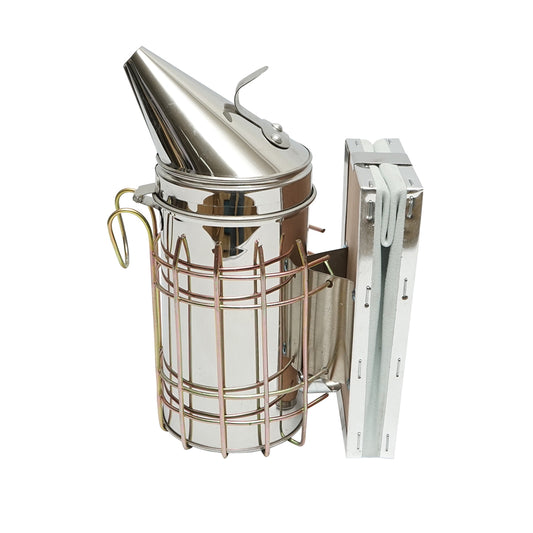 Stainless steel bee smoker with thermal shield cylinder and leather bellows 160mm